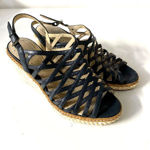 Brooks Brothers Wedge Espadrille Sandal Open Toe Platform Navy Blue Stra…